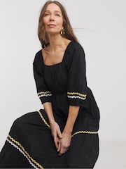 JD Williams Black 100% Cotton Rick Rack Trim Tier Smock Dress - Image 4 of 5