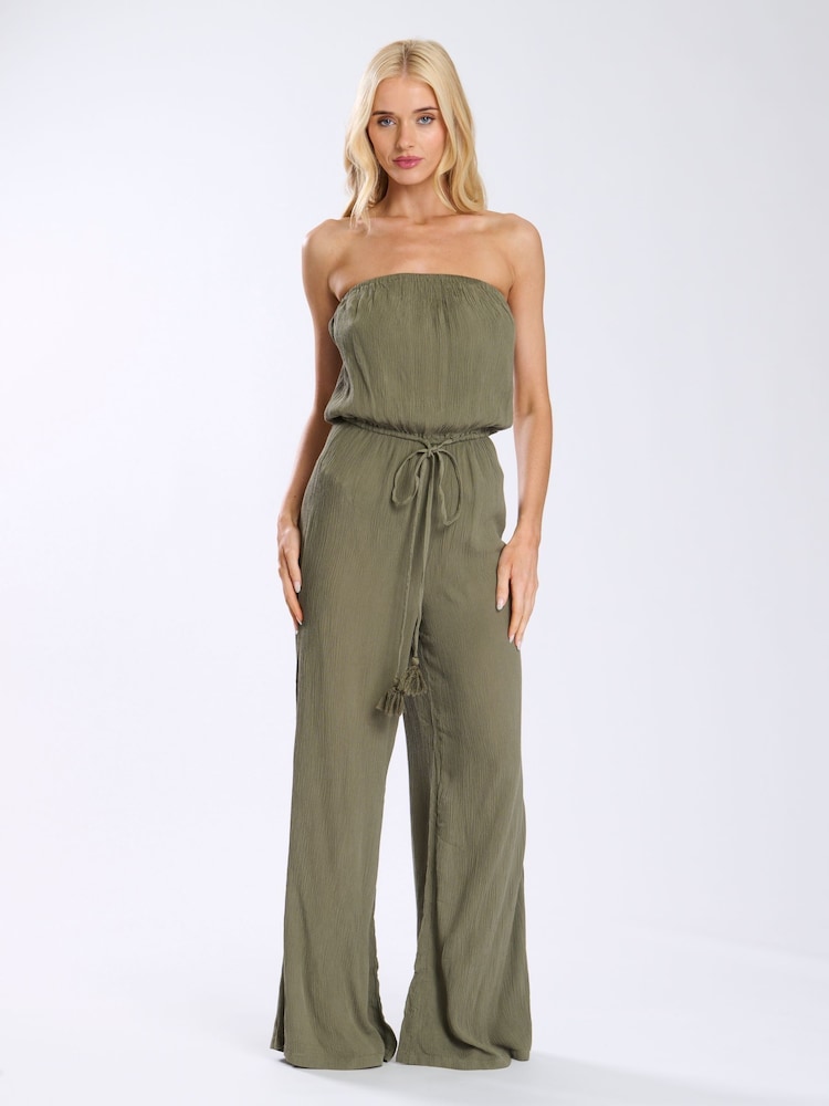 South Beach Green Crinkle Viscose Sheer Strapless Jumpsuit - Image 1 of 5