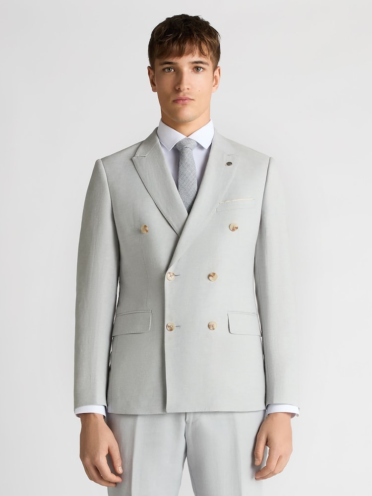 Remus Uomo Grey Double Breasted Slim Fit Double-Breasted Linen-Blend Suit Jacket - Image 1 of 5