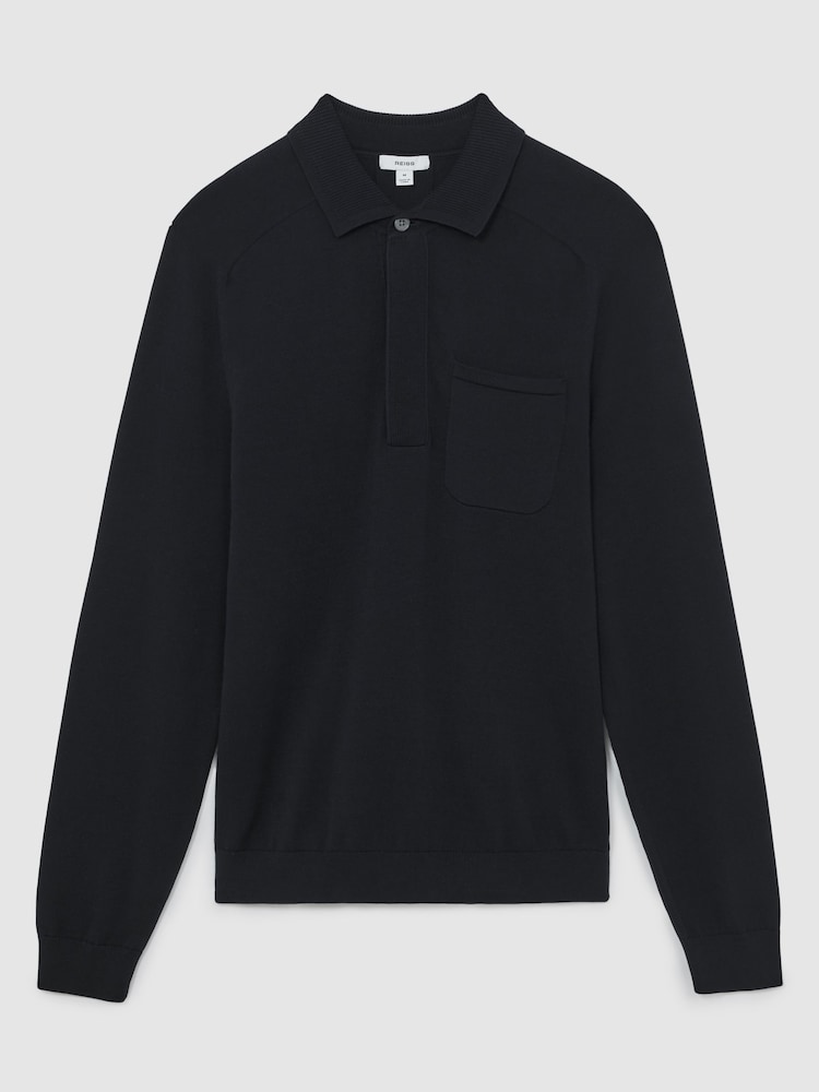 Reiss Navy Clinton Cotton Concealed Placket Polo Shirt - Image 2 of 6