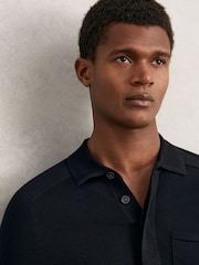 Reiss Navy Clinton Cotton Concealed Placket Polo Shirt - Image 4 of 6