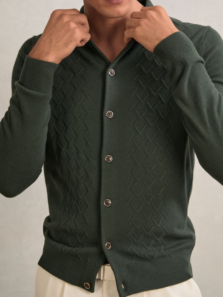 Reiss Forest Green Gideon Wool V-Stitch Button-Through Cardigan - Image 1 of 5
