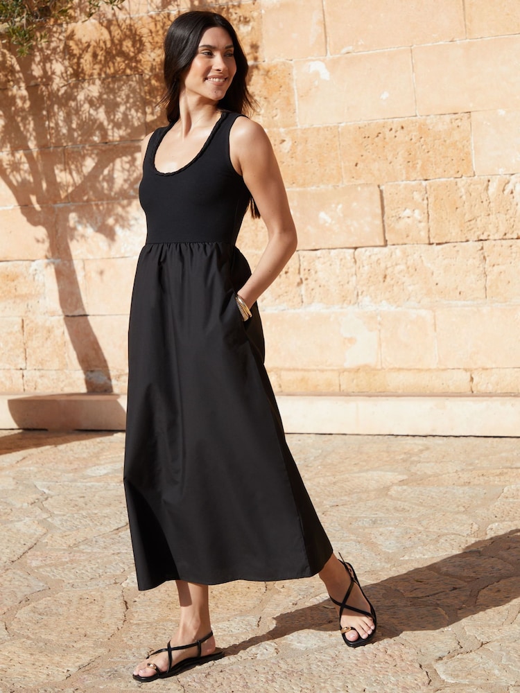Threadbare Black Sleeveless Rib Jersey 2-in-1 Midi Dress with Poplin Skirt - Image 1 of 4