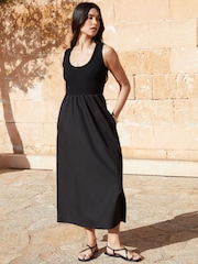 Threadbare Black Sleeveless Rib Jersey 2-in-1 Midi Dress with Poplin Skirt - Image 4 of 4