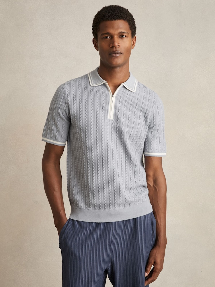 Reiss Soft Blue Jarvis Micro-Cable Half-Zip Polo Shirt - Image 1 of 5