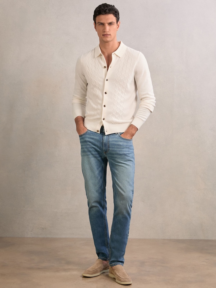 Reiss Off White Gideon Wool V-Stitch Button-Through Cardigan - Image 1 of 5