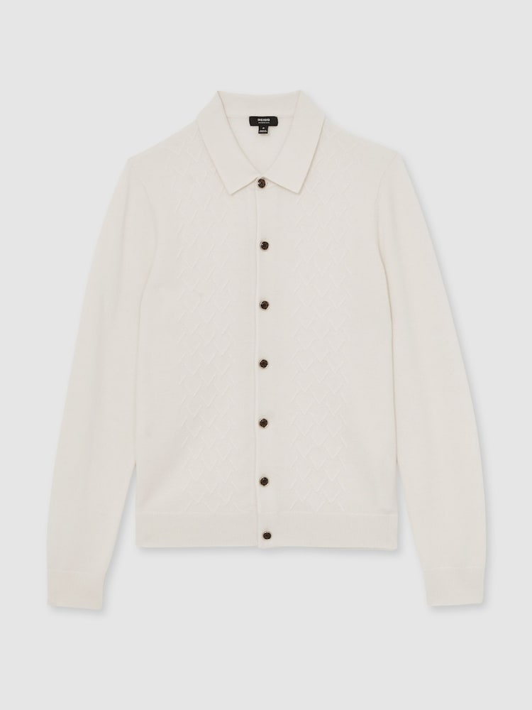 Reiss Off White Gideon Wool V-Stitch Button-Through Cardigan - Image 2 of 5