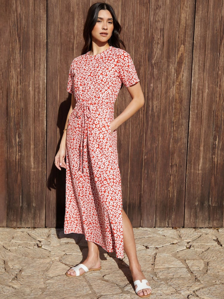 Threadbare Red Ruched Waist Jersey Midi Dress - Image 1 of 5