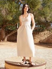 Threadbare Cream Sleeveless Rib Jersey 2-in-1 Midi Dress with Poplin Skirt - Image 1 of 4