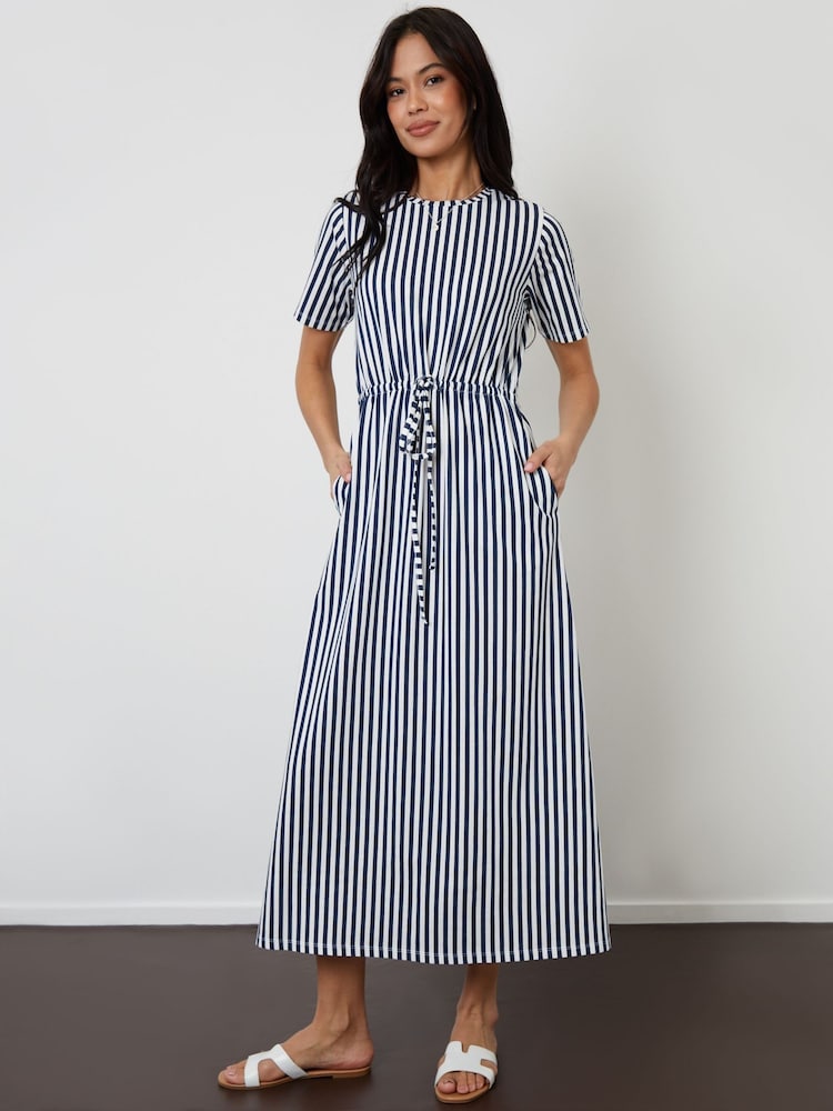 Threadbare Navy Stripe Ruched Waist Jersey Midi Dress - Image 1 of 4