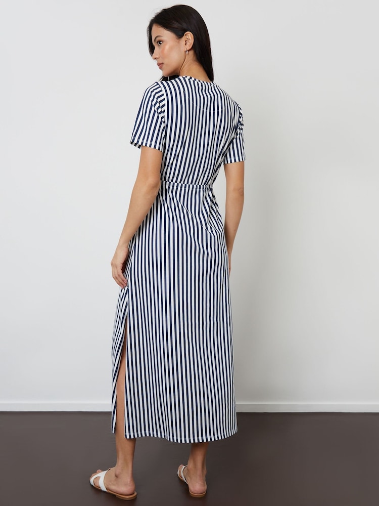 Threadbare Navy Stripe Ruched Waist Jersey Midi Dress - Image 2 of 4