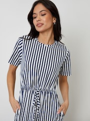 Threadbare Navy Stripe Ruched Waist Jersey Midi Dress - Image 3 of 4