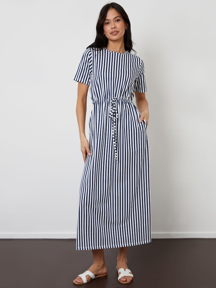 Threadbare Navy Stripe Ruched Waist Jersey Midi Dress - Image 4 of 4