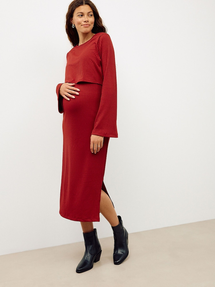 Burgundy Red Maternity Long Sleeve Nursing Shelf Dress - Image 1 of 1