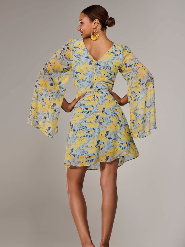 Jolie Moi Yellow Chiffon Split Sleeve Mini Dress - Image 2 of 6