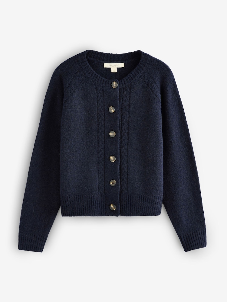 Laura Ashley Navy Cable Button Through Cardigan with a Touch of Wool - Image 1 of 3