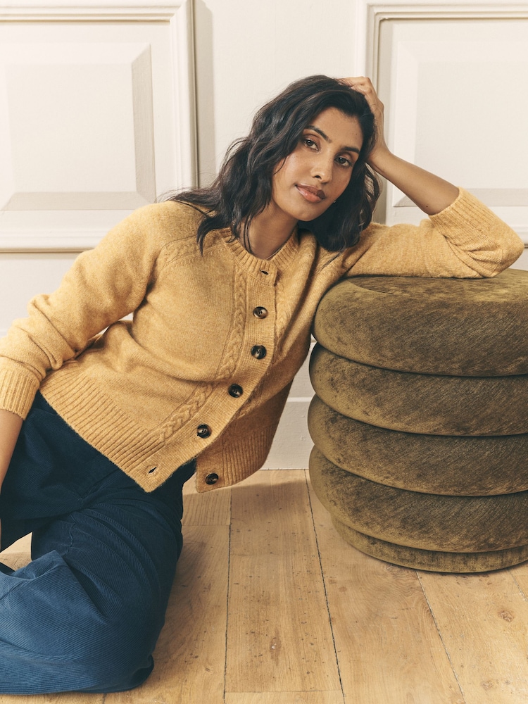 Laura Ashley Ochre Yellow Cable Knit Cardigan with a Touch of Wool - Image 2 of 7