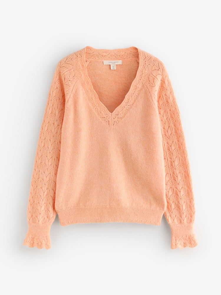 Laura Ashley Peach Pink Pointelle Button Through Scallop Cardigan With A Touch Of Wool - Image 1 of 3