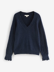 Laura Ashley Navy Pointelle Button Through Scallop Cardigan With A Touch Of Wool - Image 1 of 3