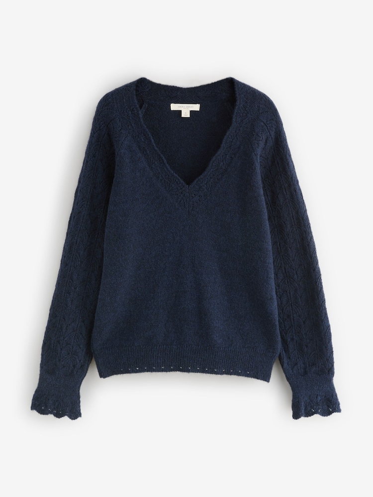 Laura Ashley Navy Pointelle Button Through Scallop Cardigan With A Touch Of Wool - Image 1 of 3
