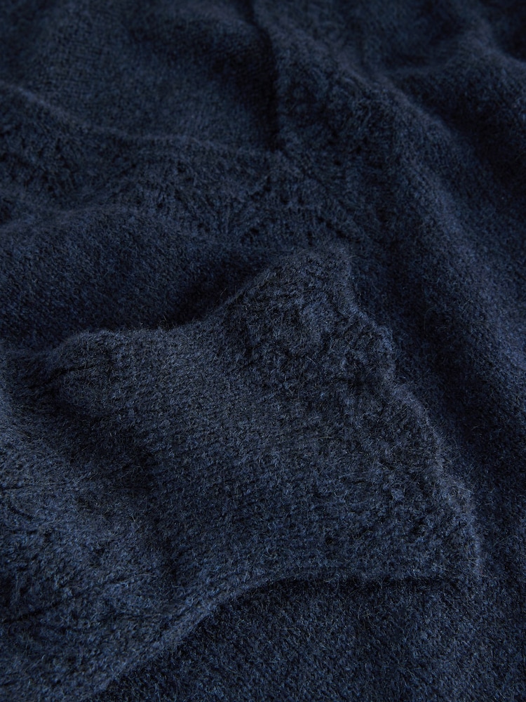 Laura Ashley Navy Pointelle Button Through Scallop Cardigan With A Touch Of Wool - Image 3 of 3