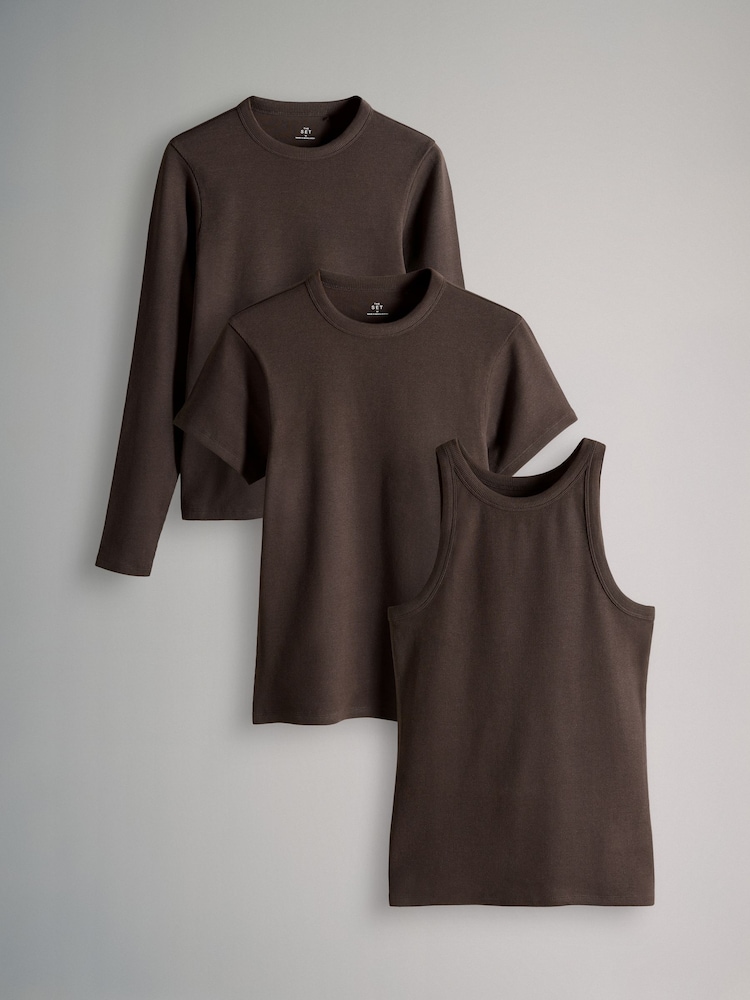 The Set Chocolate Brown 3 Pack Ribbed Vest / Long Sleeve / Short Sleeve T-shirt Essentials - Image 1 of 6 The Set Chocolate Brown 3 Pack Ribbed Vest / Long Sleeve / Short Sleeve T-shirt Essentials - Image 1 of 6