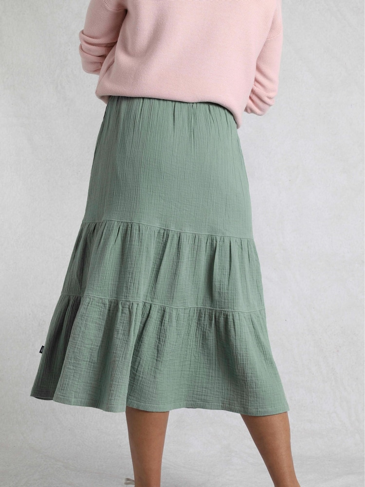 Weird Fish Green Lathika Doublecloth Midi Tiered 100% Cotton Skirt - Image 2 of 7