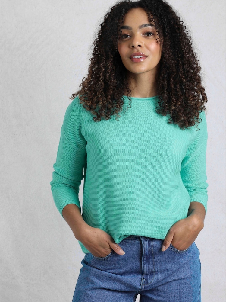 Weird Fish Blue Dalla Knitted 100% Cotton Crew Jumper - Image 1 of 5