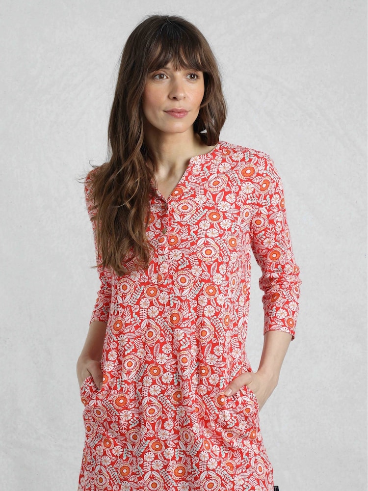 Weird Fish Red Ava Printed Slub 100% Cotton Tunic - Image 1 of 7