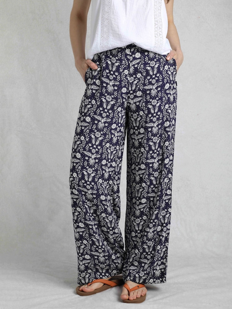 Weird Fish Blue Mounira Viscose Printed Wide Leg 100% Cotton Trousers - Image 1 of 5