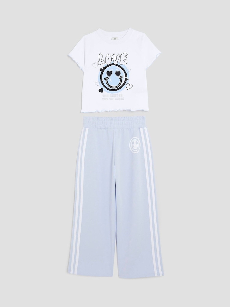 River Island Blue Girls 100% Cotton Smiley Track Pants Set - Image 1 of 4