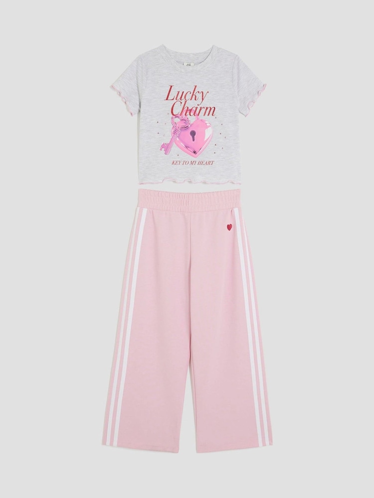 River Island Grey Girls Bow 100% Cotton Track Pants Set - Image 1 of 4