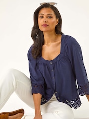 Roman Blue Broderie Button Stretch 100% Cotton Blouse - Image 1 of 5