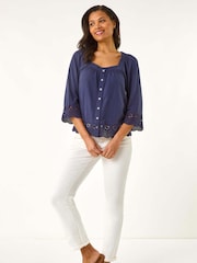 Roman Blue Broderie Button Stretch 100% Cotton Blouse - Image 2 of 5
