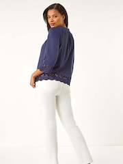 Roman Blue Broderie Button Stretch 100% Cotton Blouse - Image 3 of 5