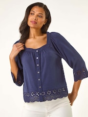 Roman Blue Broderie Button Stretch 100% Cotton Blouse - Image 4 of 5