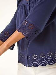 Roman Blue Broderie Button Stretch 100% Cotton Blouse - Image 5 of 5