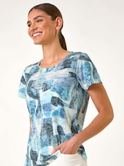 Roman Blue Abstract Leaf Print Diamante T-Shirt - Image 1 of 5