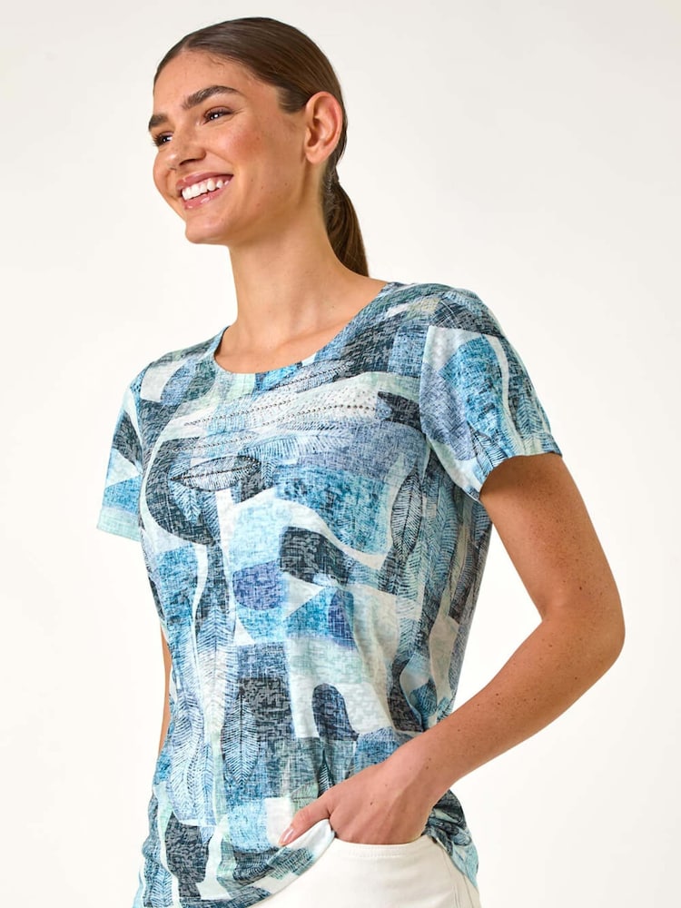 Roman Blue Abstract Leaf Print Diamante T-Shirt - Image 1 of 5