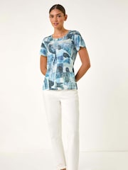 Roman Blue Abstract Leaf Print Diamante T-Shirt - Image 2 of 5