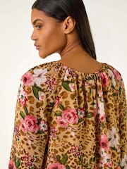 Roman Brown Animal Floral Print Tunic Top - Image 1 of 5