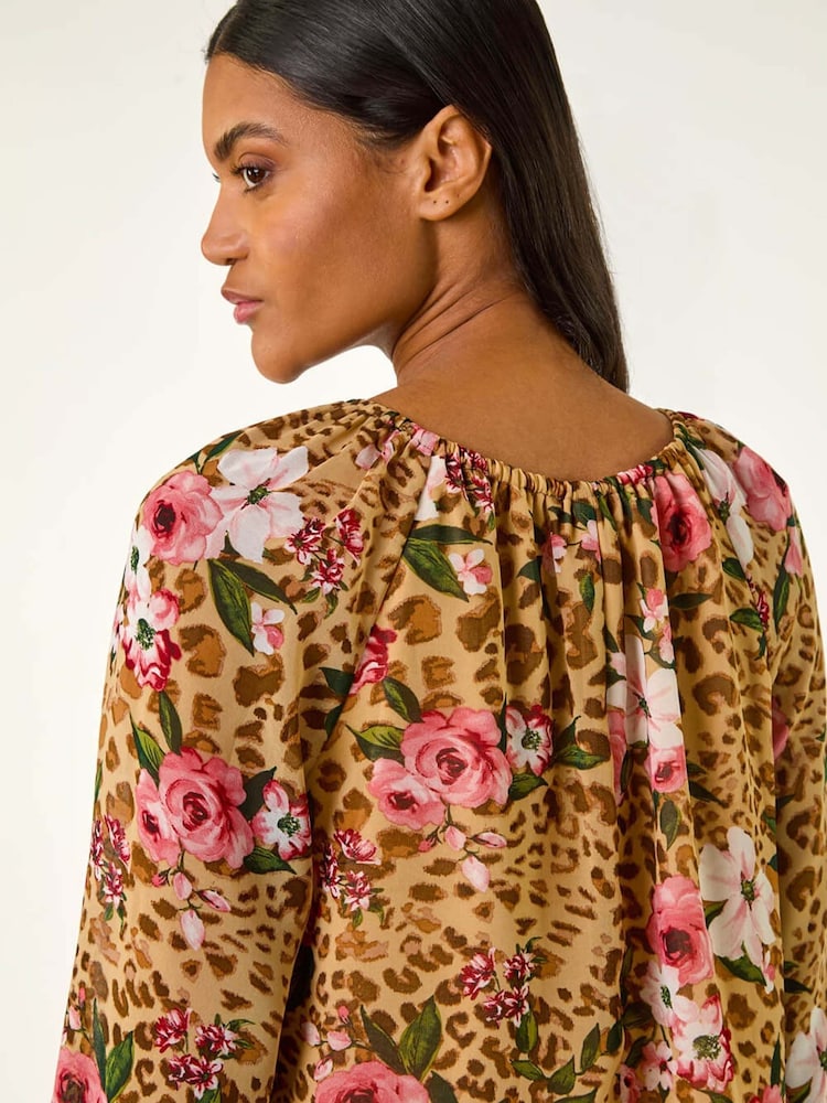 Roman Brown Animal Floral Print Tunic Top - Image 1 of 5