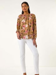 Roman Brown Animal Floral Print Tunic Top - Image 2 of 5