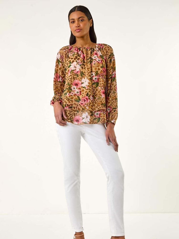 Roman Brown Animal Floral Print Tunic Top - Image 2 of 5