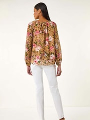 Roman Brown Animal Floral Print Tunic Top - Image 3 of 5