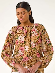 Roman Brown Animal Floral Print Tunic Top - Image 4 of 5