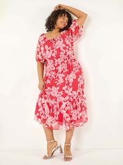 Roman Pink Curve Tropical Print Tie Neck Midi Dress - Image 1 of 5