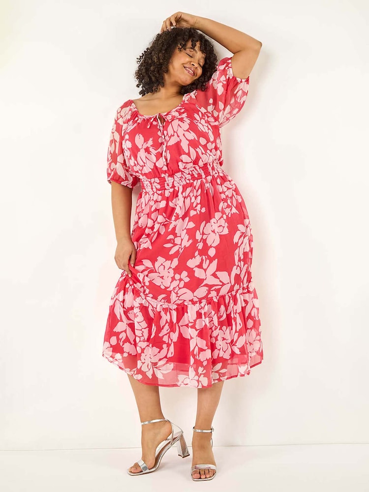 Roman Pink Curve Tropical Print Tie Neck Midi Dress - Image 1 of 5