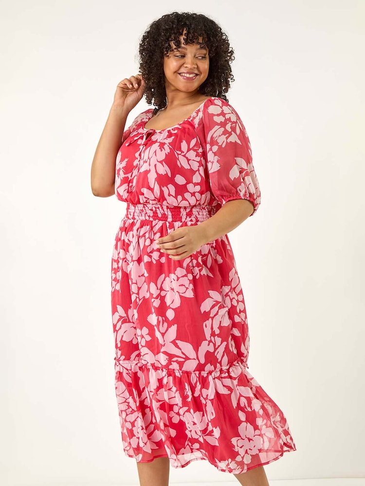 Roman Pink Curve Tropical Print Tie Neck Midi Dress - Image 2 of 5