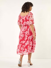 Roman Pink Curve Tropical Print Tie Neck Midi Dress - Image 3 of 5